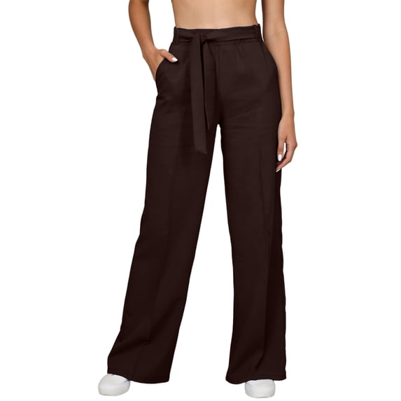 Rggeeun Womens Trousers Solid Color Elastic High Waist Wide Leg Ankle Length Soft Relaxed Fit With Adjustable Sashes Belt & Side Pockets For Summer Running Delicate Bottoms,Coffee,Xl