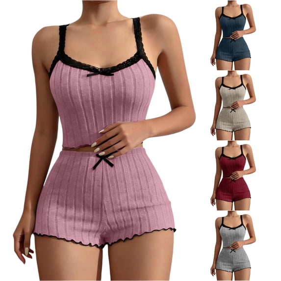 Rggeeun womens pajama sets Lace Halter Tops Loungewear Ruffle Shorts with Bow Stretchy Ribbed Family Comfort Pjs Sets,Pink,L