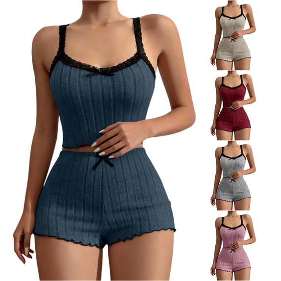 Rggeeun womens pajama sets Lace Halter Tops Loungewear Ruffle Shorts with Bow Stretchy Ribbed Indoor Rest Versatile Pjs Set,Blue,S