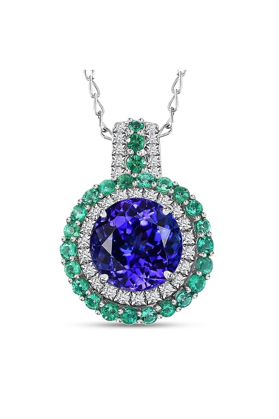 RHAPSODY AAAA Blue Tanzanite Emerald Round 950 Platinum Pendant Necklace for Women Jewelry Birthday Christmas Gifts Size 18" Ct 3.34 E-F Color VS Clarity