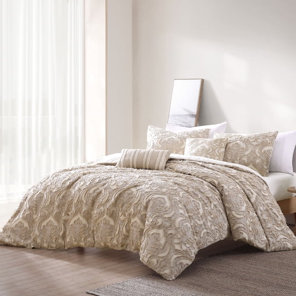 Rhapsody White 5 PC Queen Riverbrook Home Rhapsody 5 PC Medallion Clip Jacquard Tan - Queen - 5 Piece