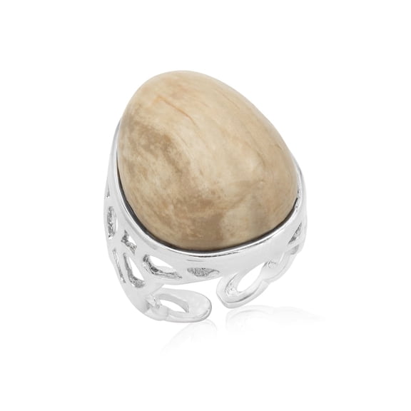 Genuine Petrified Wood Agate Statement Ring, Natural Stone Cocktail Ring Size 7 Jewelry Ring Silver Metal