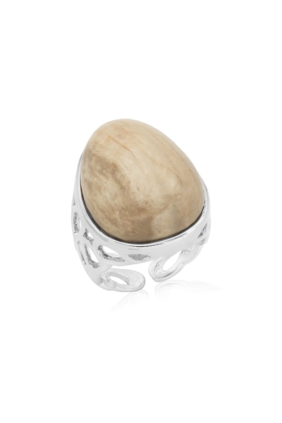 Genuine Petrified Wood Agate Statement Ring, Natural Stone Cocktail Ring Size 8 Jewelry Ring Silver Metal
