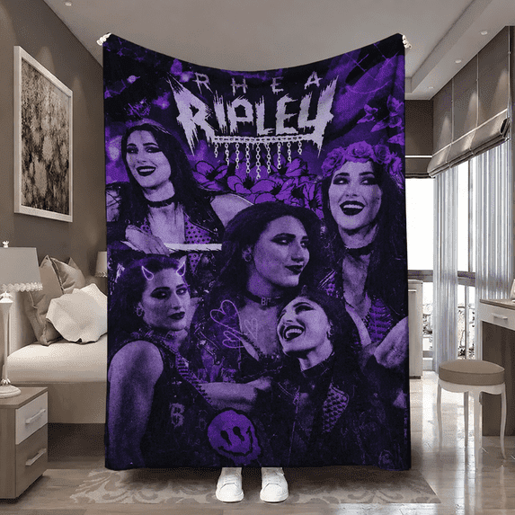Rhea Ripley -Inspired Wrestling-Themed Plush Blanket - Purple & Black Signature Logo & Name Design, Soft Cozy Throw for Sofa Bed Lounging, Bedroom Living Room Decor