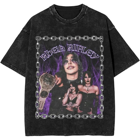 Rhea Ripley Vintage T-shirt short sleeved casual round neck washed T-shirt fashionable retro pure cotton top T-shirt