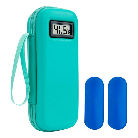 Rheen Portable Insulin Cooler Travel Case with Temperature Display and 2 Ice Packs, Compact Diabetic Medical organizer, Cyan, 8.46"