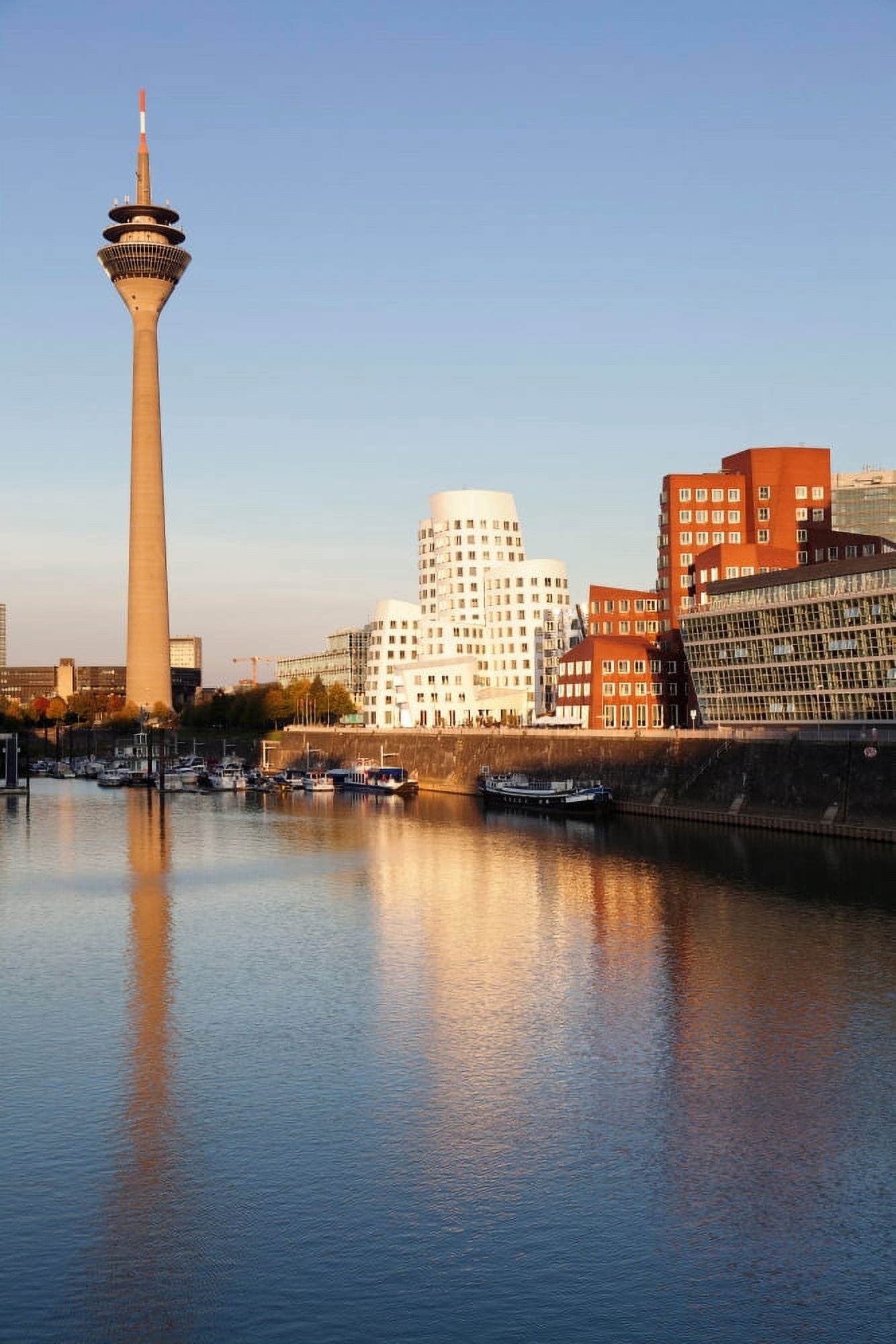 Rheinturm Tower and Neuer Zollhof building at Media Harbour Dusseldorf North Rhine Westphalia Germany Canvas Art - Panoramic Images (36 x 12)