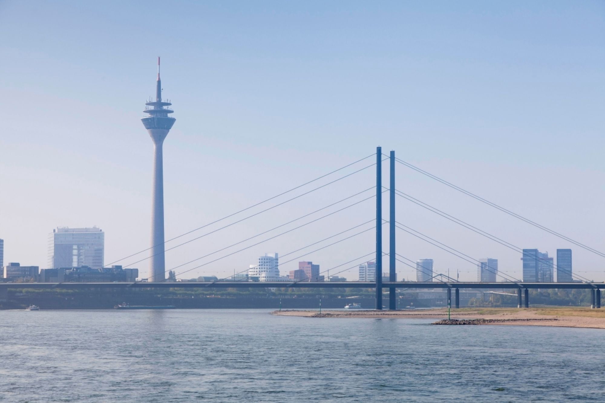 Rheinturm Tower and Rheinkniebrucke Bridge Dusseldorf North Rhine Westphalia Germany Canvas Art - Panoramic Images (27 x 9)
