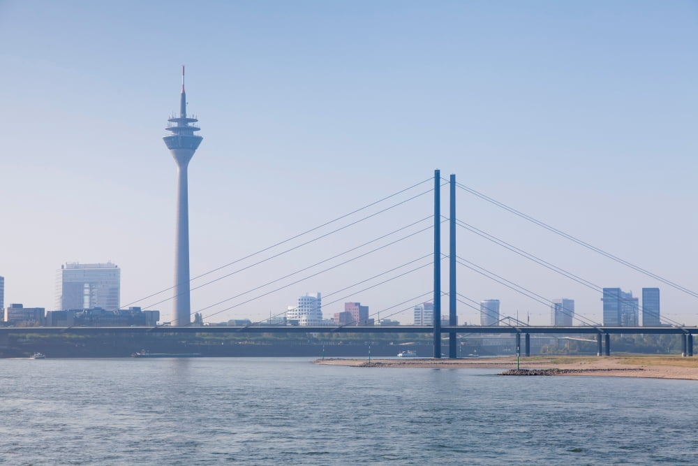 Rheinturm Tower and Rheinkniebrucke Bridge Dusseldorf North Rhine Westphalia Germany Canvas Art - Panoramic Images (36 x 12)