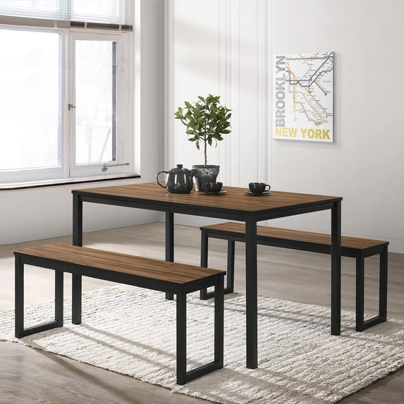 Rhese Wood 3-Piece Dining Table Set, Brown and Black