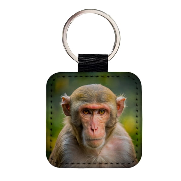 Rhesus Macaque Monkey Faux Leather Square Keychain