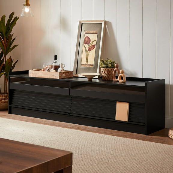 Christopher Knight Home Modern TV Stand with 4 Drawers, LED Lighting, Charging Ports, Tempered Glass Front, Black