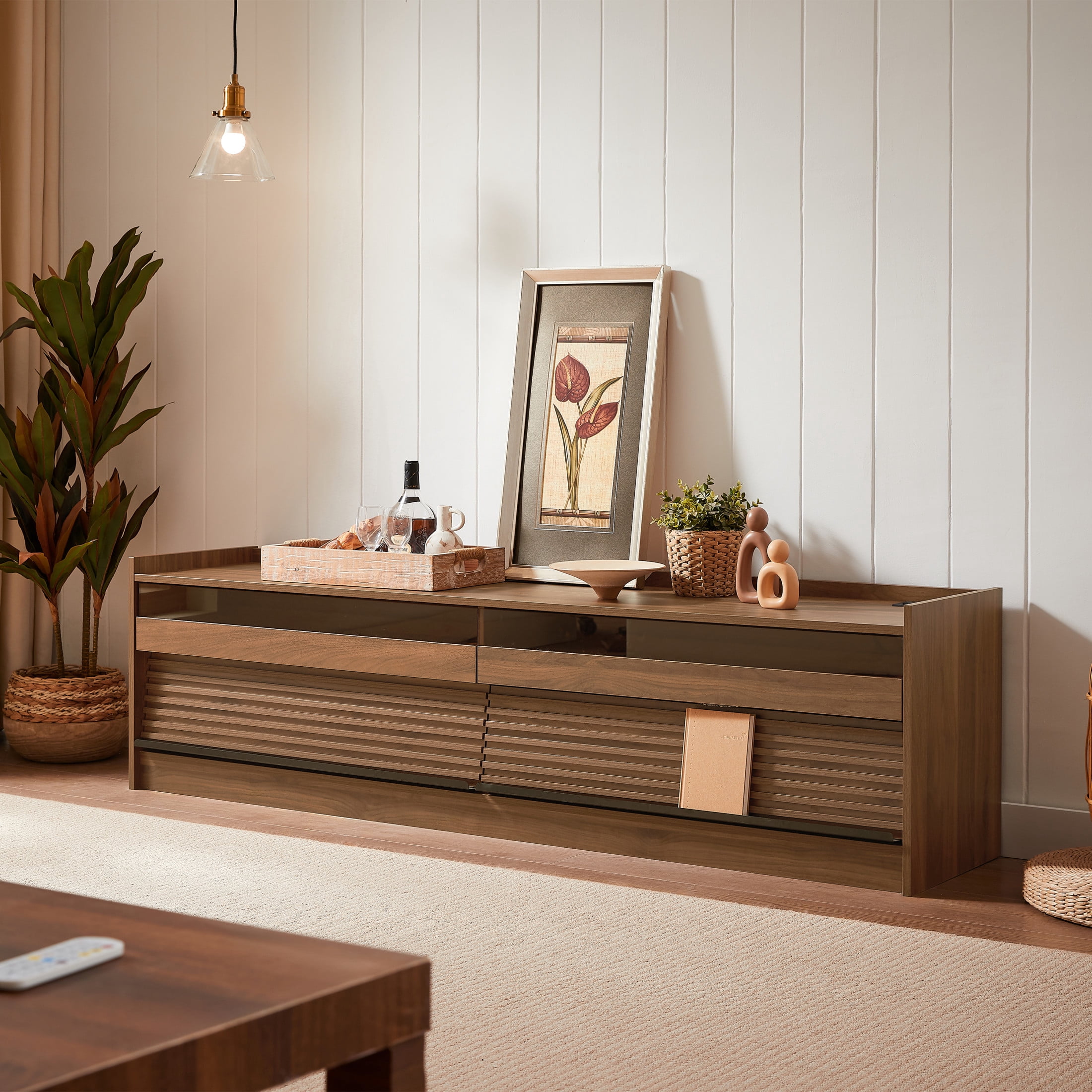 Rhett Modern TV Stand with 4 Drawers, LED Lighting, Charging Ports, Magazine Storage, Tempered Glass Front, Walnut