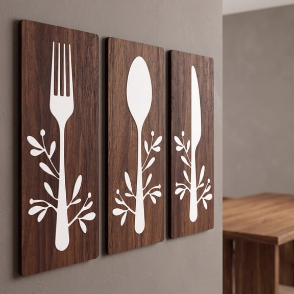 OFFIGAM 1Set Basswood Wooden Fork Spoon Cutter Wall Decor for Kitchen and Restaurant