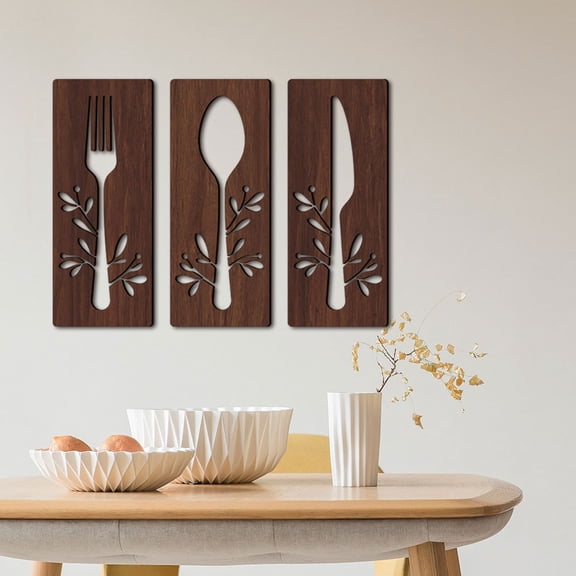 OFFIGAM 1Set Basswood Wooden Fork Spoon Cutter Wall Decor for Kitchen and Restaurant