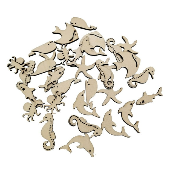 Rhewides 50Pcs Unfinished Wooden Cutouts Ocean Animals Wooden Crafts for Kids Home Decor Ornament DIY Craft Project Octopus Shark Dolphin Seahorse Shape