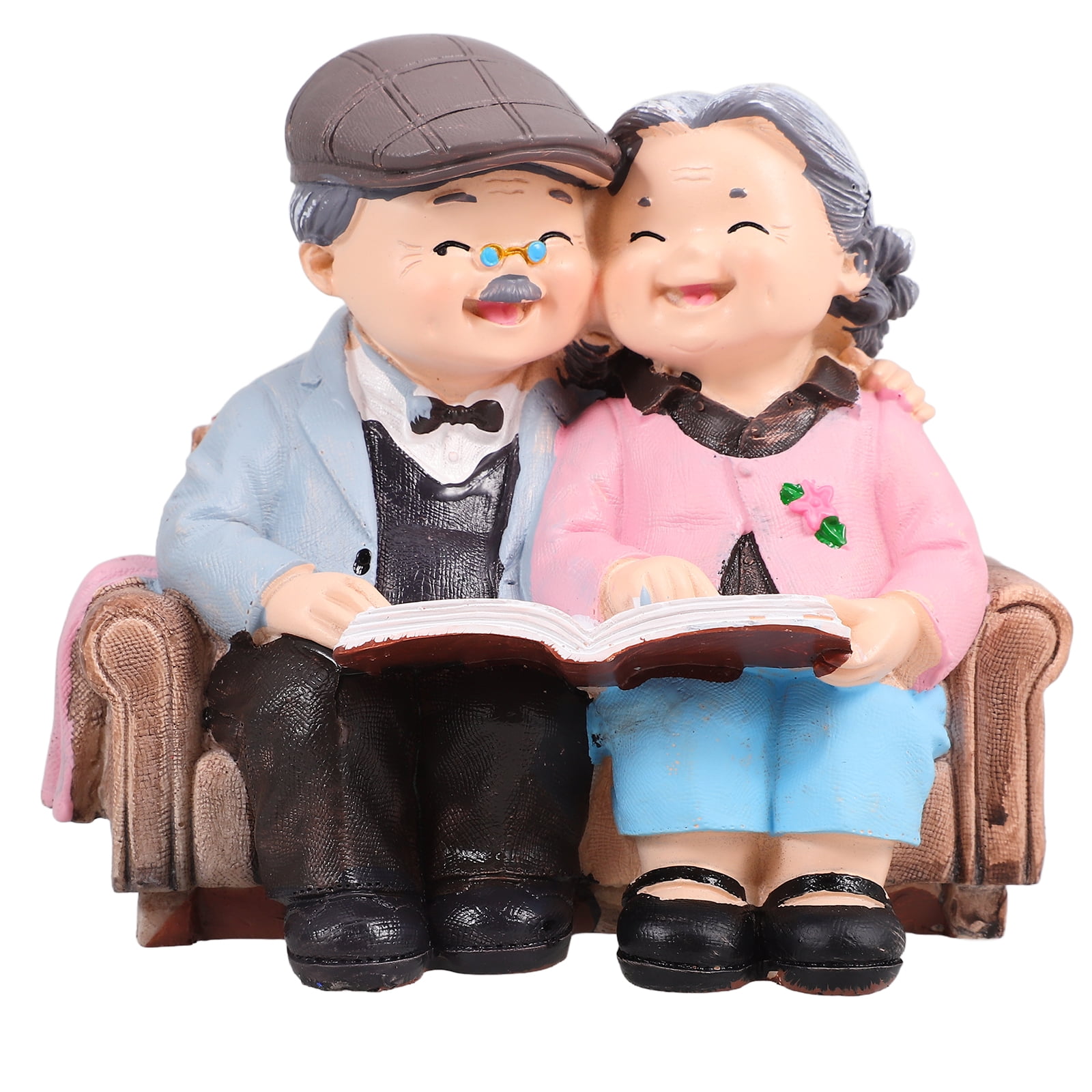 Elderly Couple Resin Figurine in Pastel Colors for Home Decor