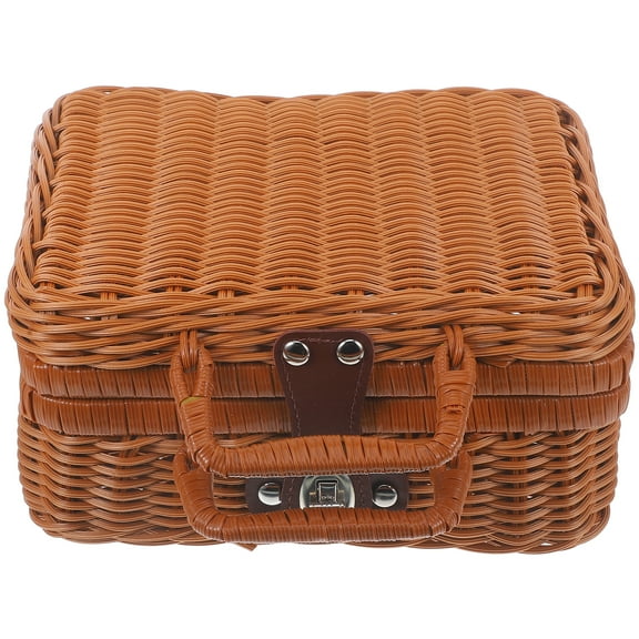 OFFIGAM Retro Style Small Imitation Rattan Storage Case with Lock, Compact Organizer for Home and Office