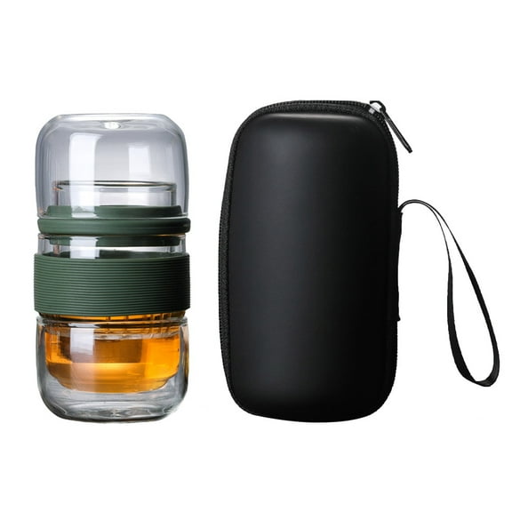 OFFIGAM Round Portable Travel Tea Set Glass Infuser Bottle with Carrying Case Green