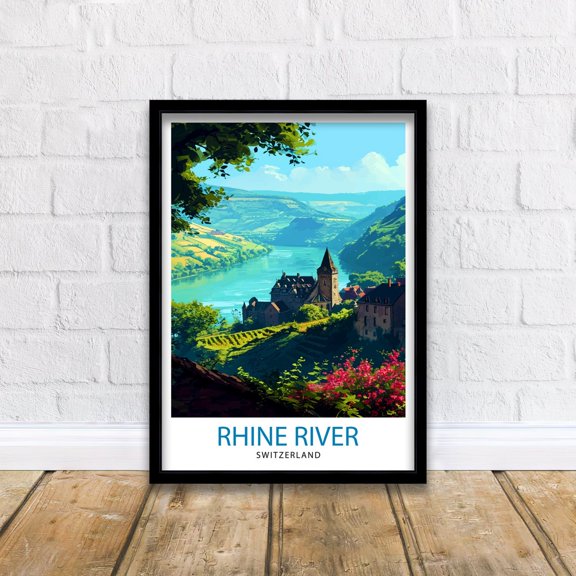 Rhine River Switzerland Printscenic Swiss Landscape Art River Valley Swiss Alps Wall Decor Alpine River Illustration Nature Travel
