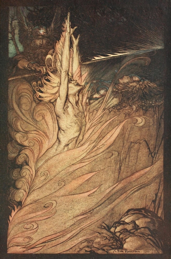 Rhinegold & the Valkyrie 1910 Appear flickering fire Canvas Art - A Rackham (18 x 24)
