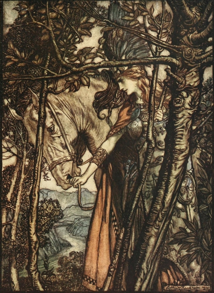 Rhinegold & the Valkyrie 1910 BrÔø?nnhilde leads horse Canvas Art - A Rackham (24 x 36)