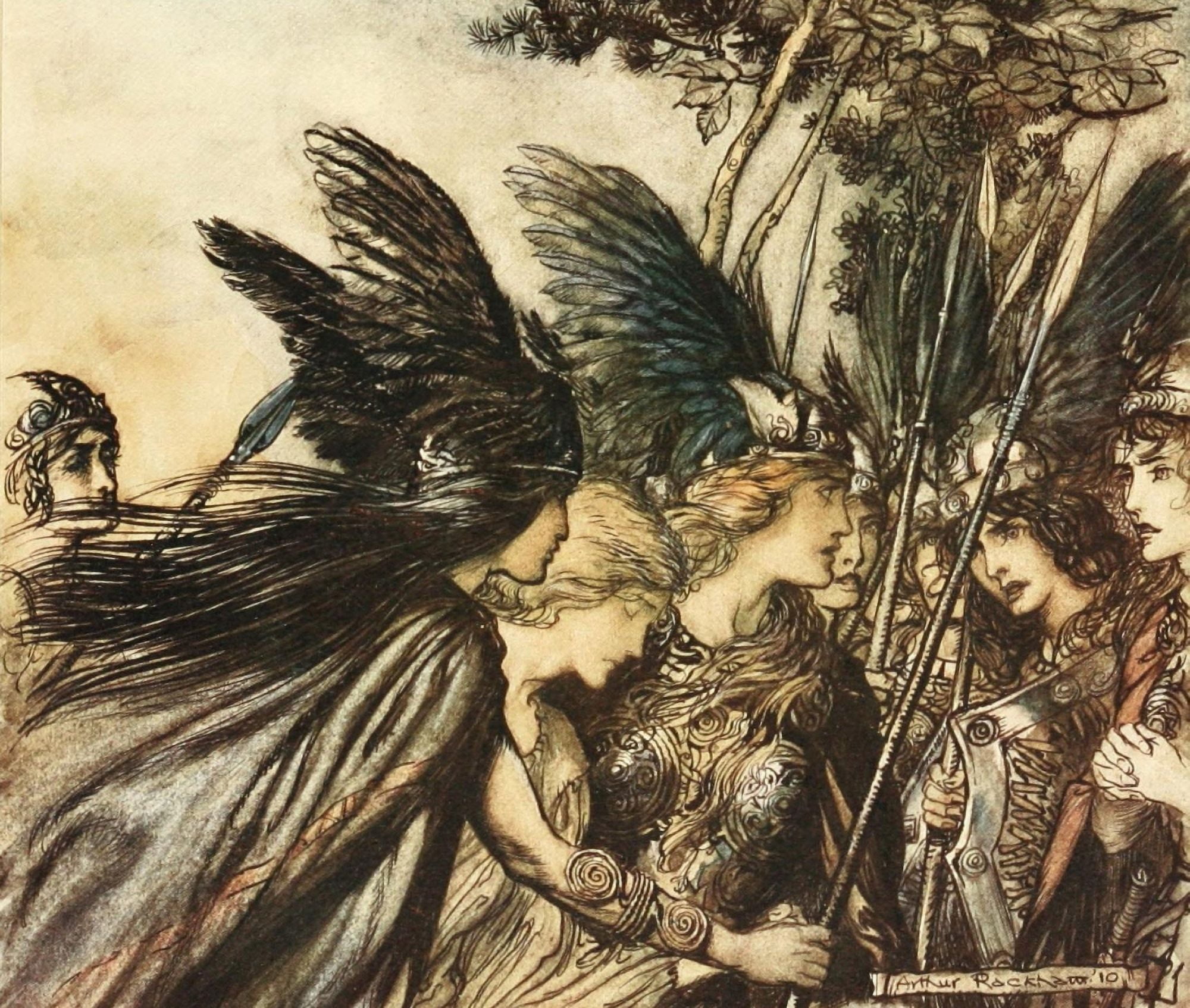 Rhinegold & the Valkyrie 1910 Br???nnhilde flees Canvas Art - A Rackham (18 x 24)