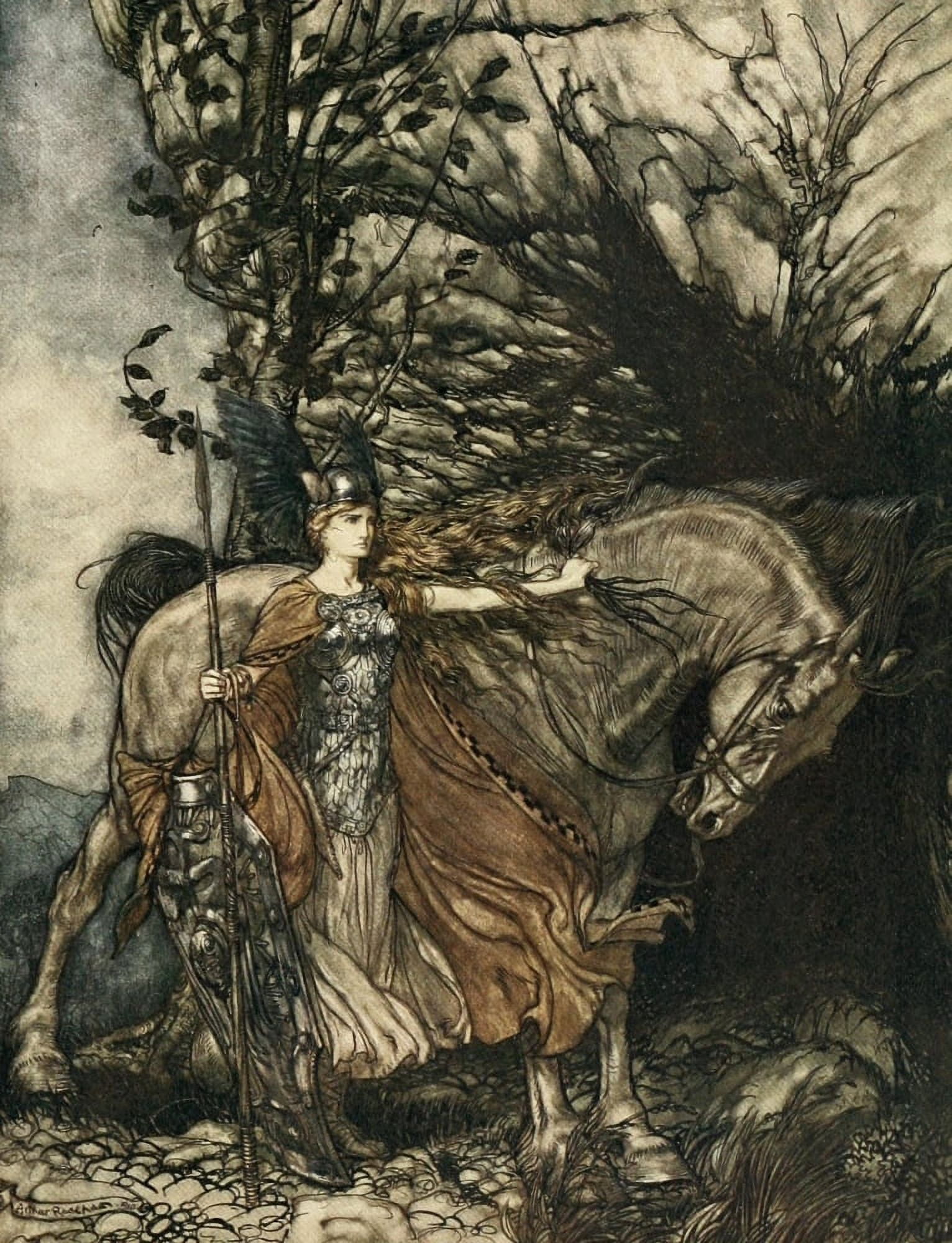 Rhinegold & the Valkyrie 1910 Br???nnhilde with horse Canvas Art - A Rackham (18 x 24)