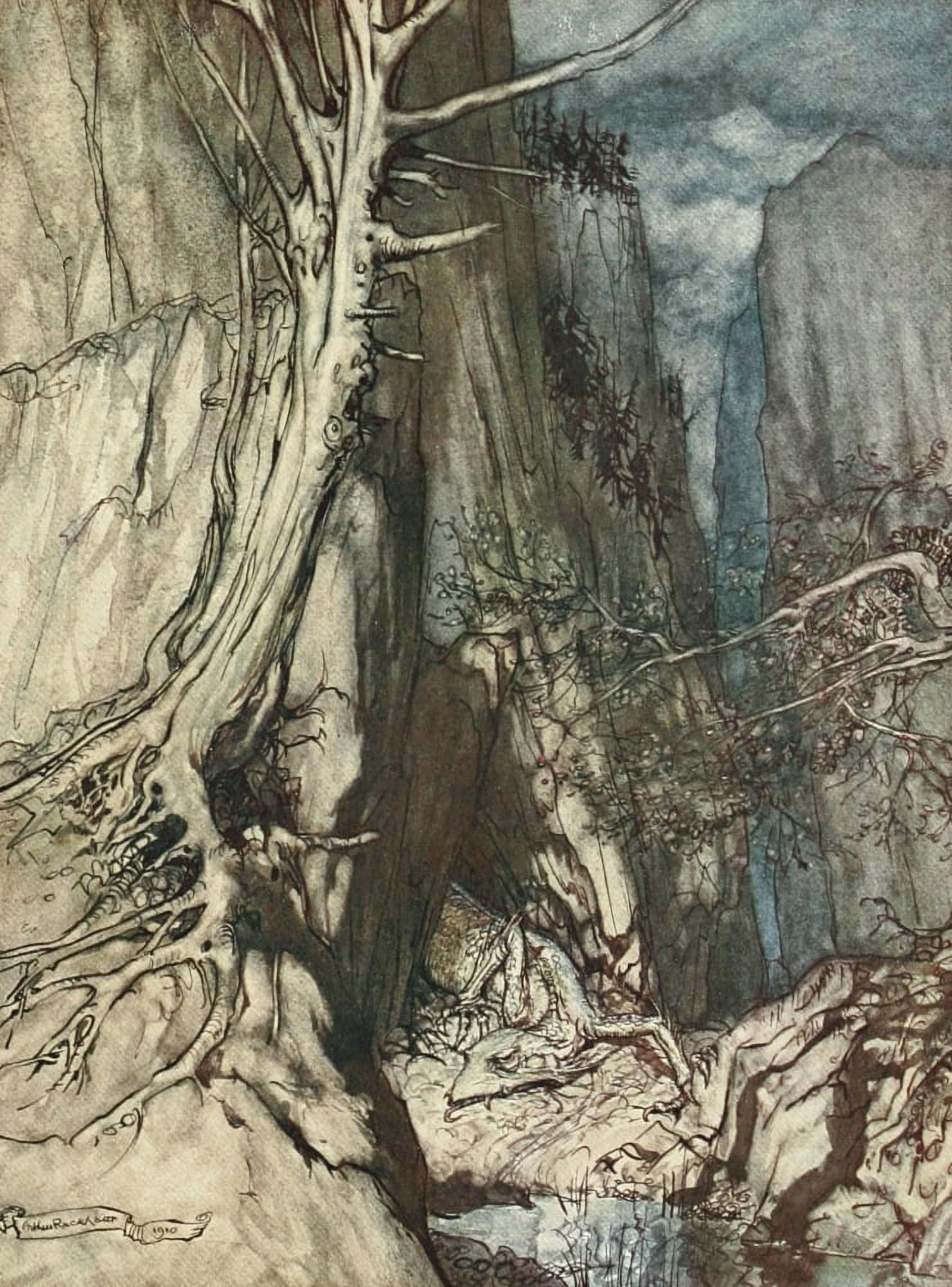 Rhinegold & the Valkyrie 1910 Dragon sojourns Canvas Art - A Rackham (18 x 24)