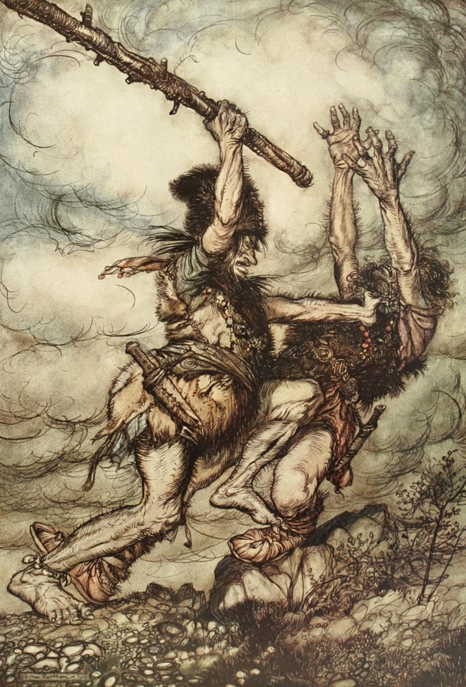 Rhinegold & the Valkyrie 1910 Fafner kills Fasolt Canvas Art - A Rackham (24 x 36)