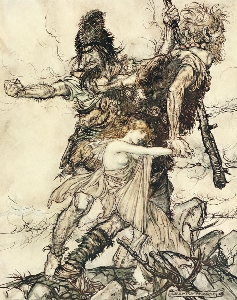Rhinegold & the Valkyrie 1910 Fasolt seizes Freia Canvas Art - A Rackham (24 x 36)