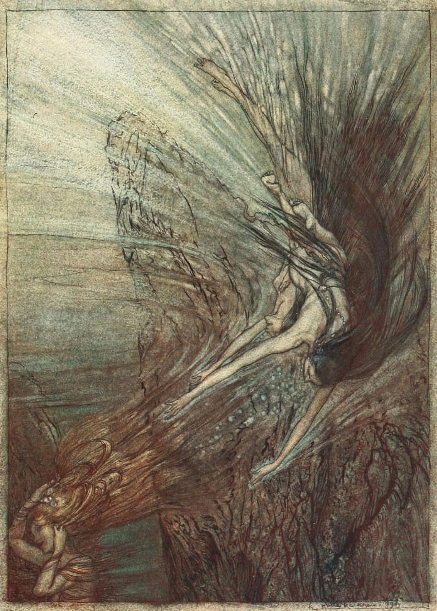 Rhinegold & the Valkyrie 1910 Frolic of Rhine-maidens Canvas Art - A Rackham (24 x 36)