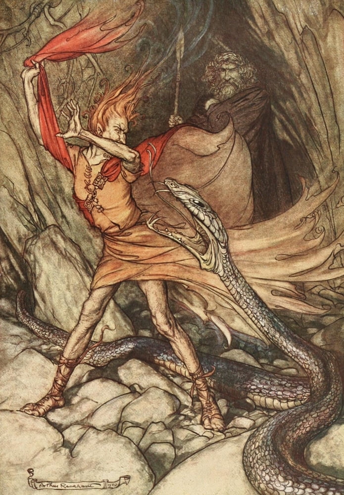 Rhinegold & the Valkyrie 1910 Horrible dragon Canvas Art - A Rackham (24 x 36)