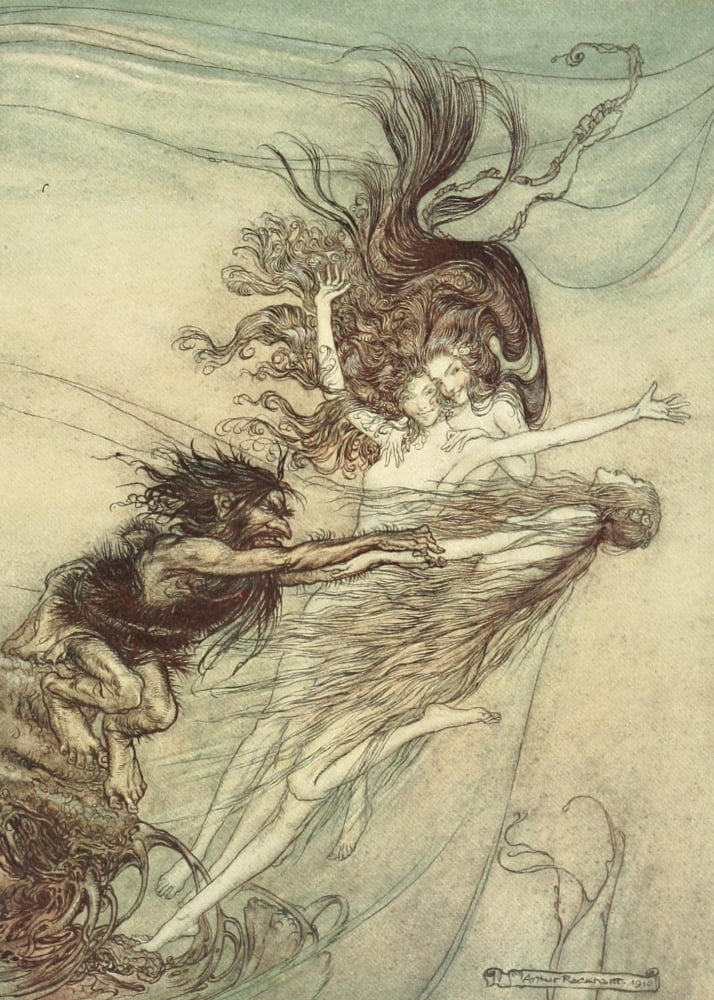 Rhinegold & the Valkyrie 1910 Rhine-maidens tease Alberich Canvas Art - A Rackham (24 x 36)
