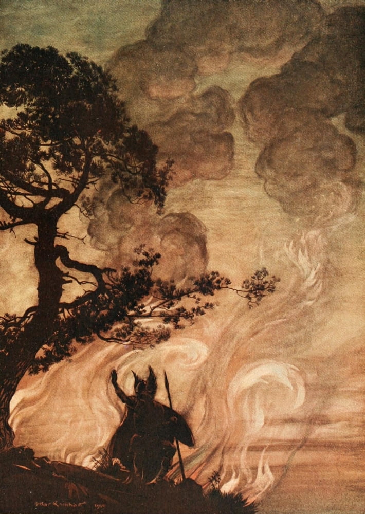 Rhinegold & the Valkyrie 1910 Wotan sad at Br???nnhilde Canvas Art - A Rackham (18 x 24)