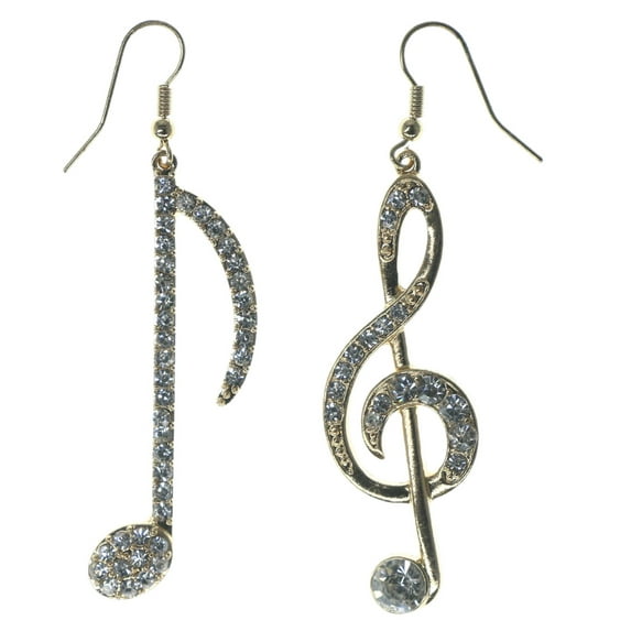 Rhinestone Accented Gold-Tone Music Themed French Hook Dangle Earrings TME606
