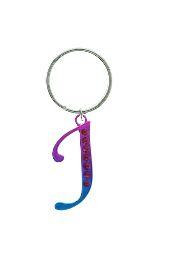 Rhinestone Accented Multi-Colored Letter J w/Silver-Tone Keychain