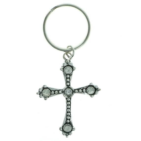 Rhinestone Accented Silver-Tone Cross Split-Ring-Keychain With Trigger Snap