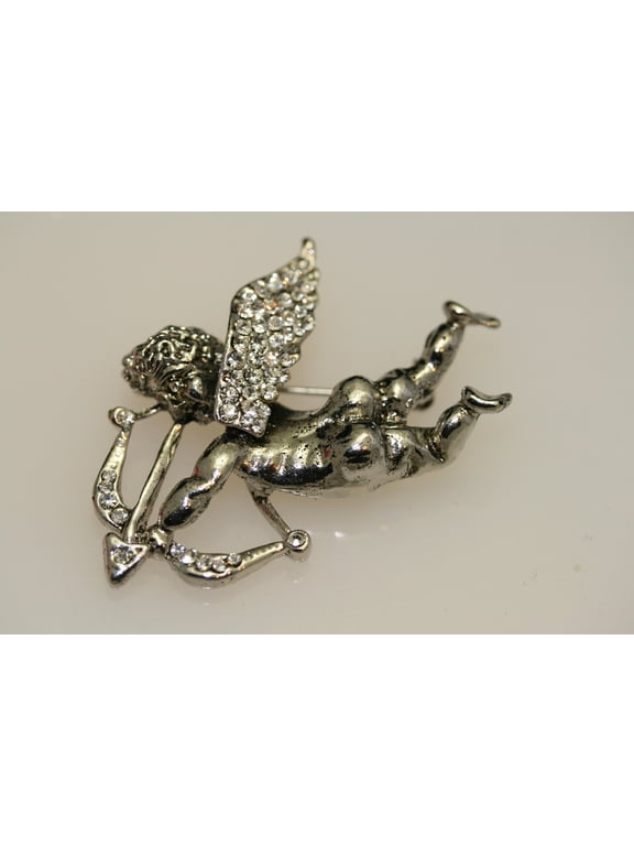 Rhinestone Antique Silver Angel Brooch. Cupid Arrow Brooch. Holiday Angel Pin. Jewelry for Women