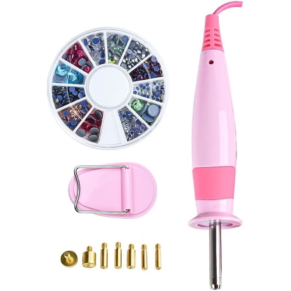 Rhinestone Applicator Kit wiht Rhinestones,Professional Iron-on Setter Tool,7-in-1 Hot Fix Wand Crystal Gem Rhinestone Hot fix Kit Tool (Pink 1)