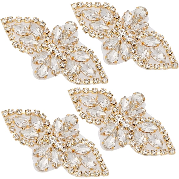 Rhinestone Applique 4 Pieces Wedding Applique Iron On Patch Rhinestone Hot Fix for Bridal Wedding Sash Belt Dress DIY Sewing High Heels Cake Bags Hat-Champagne Gold Clear