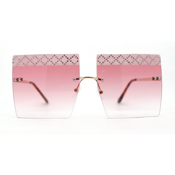 Rhinestone Argyle Pattern Jewel Rimless Oversize Rectangle Sunglasses Gold Pink