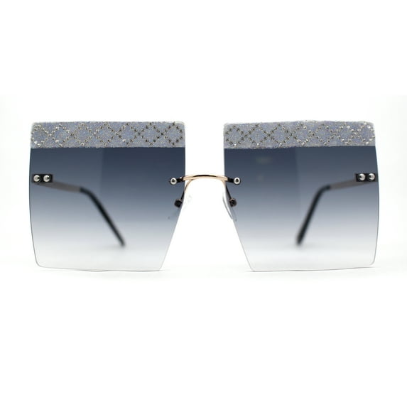 Rhinestone Argyle Pattern Jewel Rimless Oversize Rectangle Sunglasses Gold Smoke