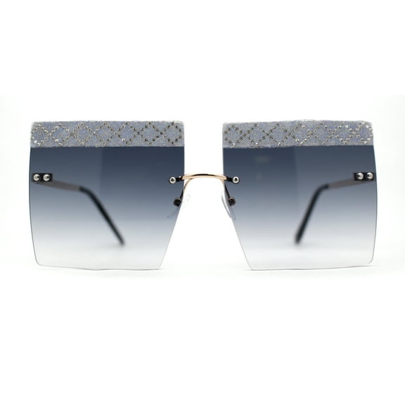 Rhinestone Argyle Pattern Jewel Rimless Oversize Rectangle Sunglasses Gold Smoke