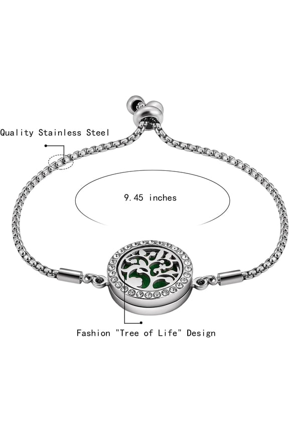 Rhinestone Aromatherapy Essential Oil Diffuser Bracelet Disc Tree of Life Locket Pendant Bracelet with Adjustable Slide Fastener Bead Cuff Bangle Bracelet Wrist Jewelry for Women