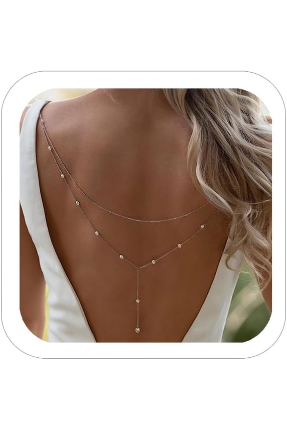 Rhinestone Back Chain Necklace Bridal Wedding Backdrop Body Jewelry for Women Summer Body Chain Necklace Crystal Shoulder Back Chain for Dress (Silver 3)[t541]