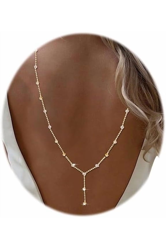 Rhinestone Back Chain Necklace Bridal Wedding Crystal Backdrop Necklace for Women Backless Dress Summer Body Jewelry (Gold)[q885]