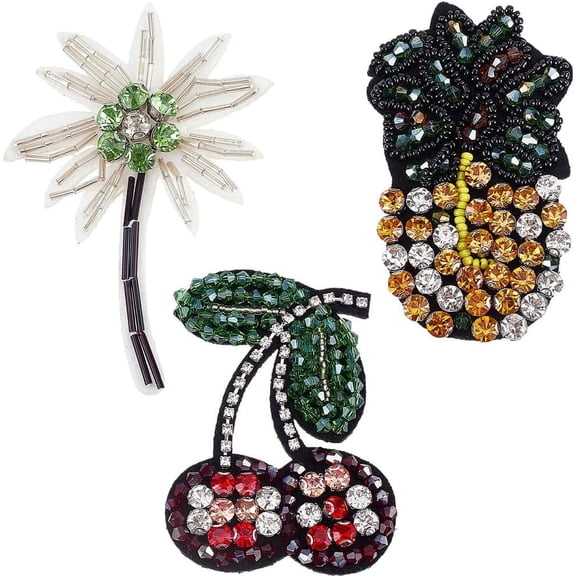 Rhinestone Beaded Patches Pineapple Cherry Fruit Tree Embroidered Sew on Applique Patch Costume Ornament Colorful for Shirt DIY Clothing Backpack Jacket Jean Dress Hat Repair Decor