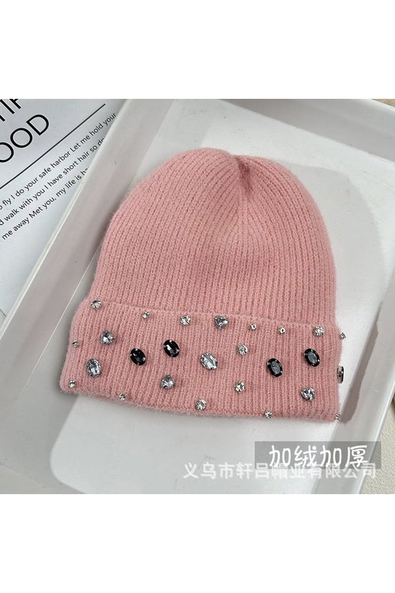 Rhinestone Beanie Soft Warm Winter Skully Hat (FreeSize, CoralBlushPink)
