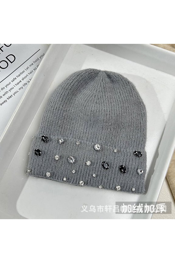 Rhinestone Beanie Soft Warm Winter Skully Hat (FreeSize, Grey)